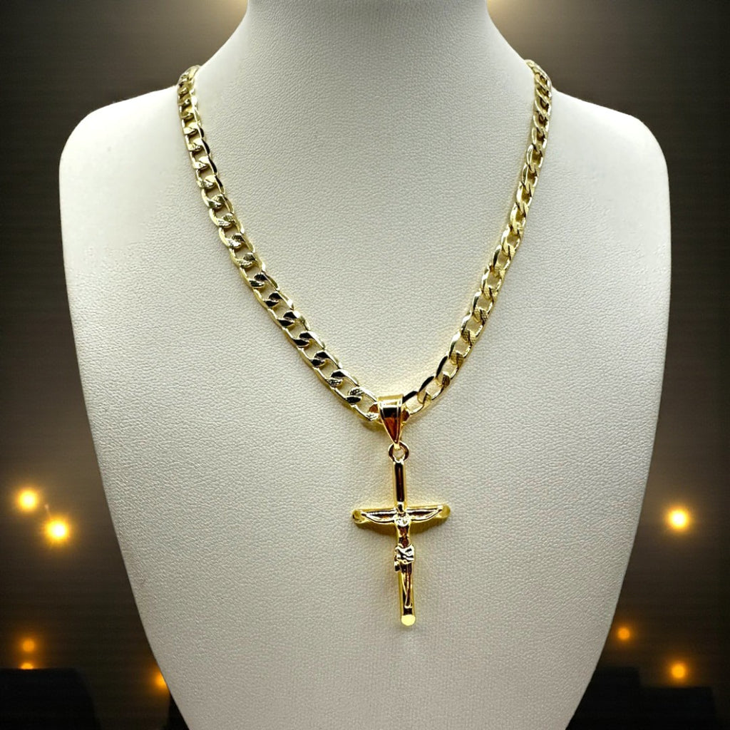 Cadena Barbada 5mm Con Cristo en Oro Laminado de 18K