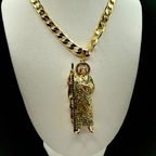 Cadena Barbada 8mm Con San Judas Verde en Oro Laminado de 18K