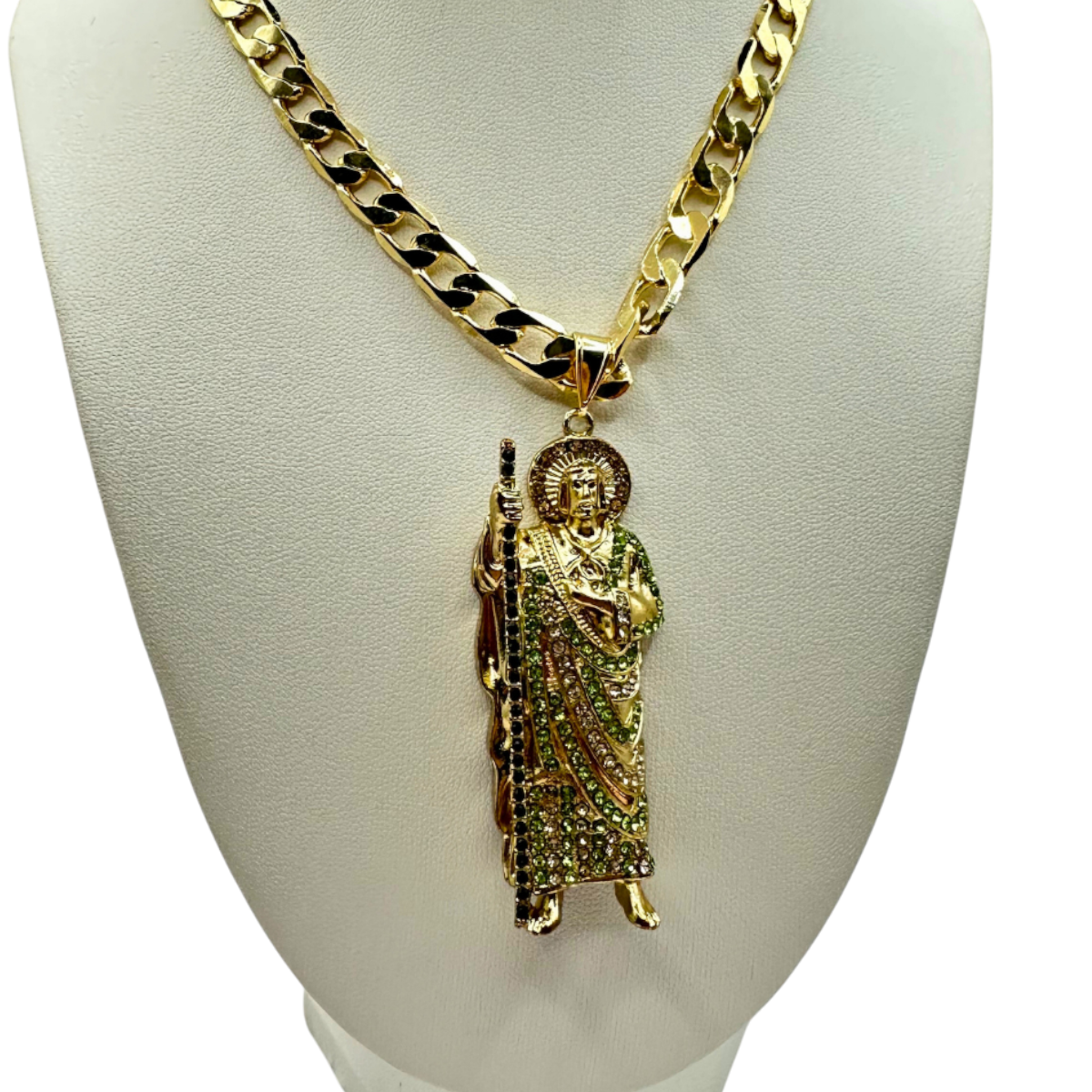 Cadena Barbada 8mm Con San Judas Verde en Oro Laminado de 18K