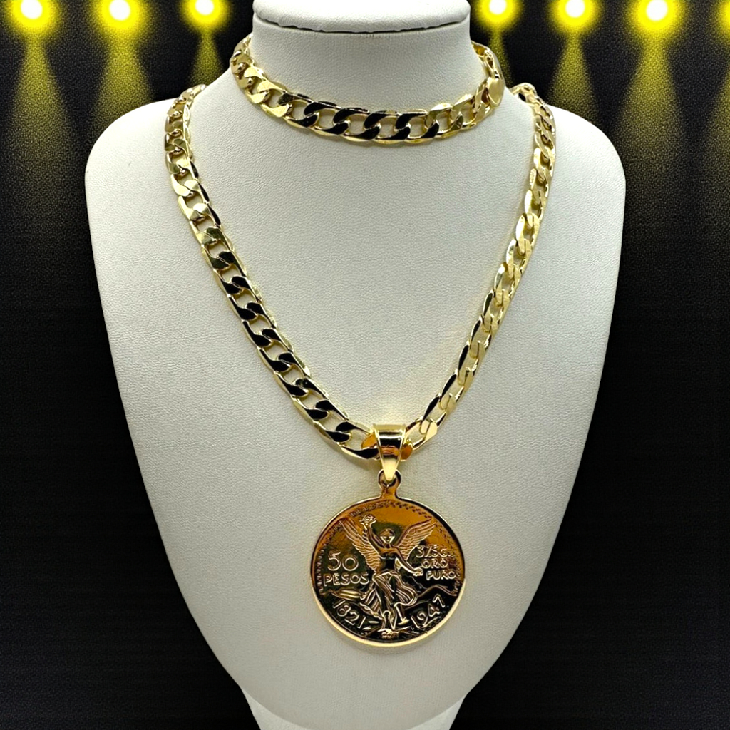 Cadena y Esclava Barbada de 8MM con Centenario en Oro Laminado de 18K