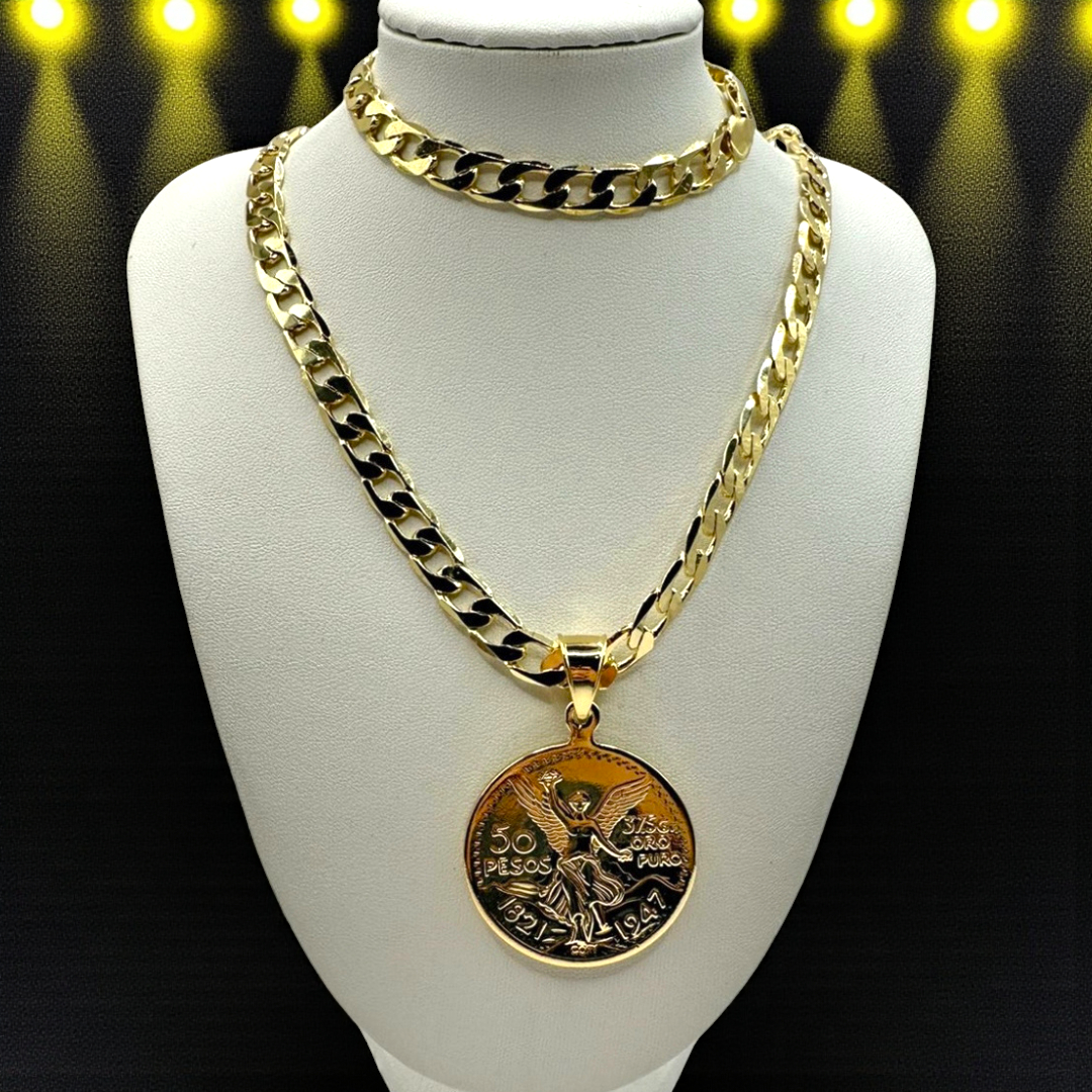 Cadena y Esclava Barbada de 8MM con Centenario en Oro Laminado de 18K