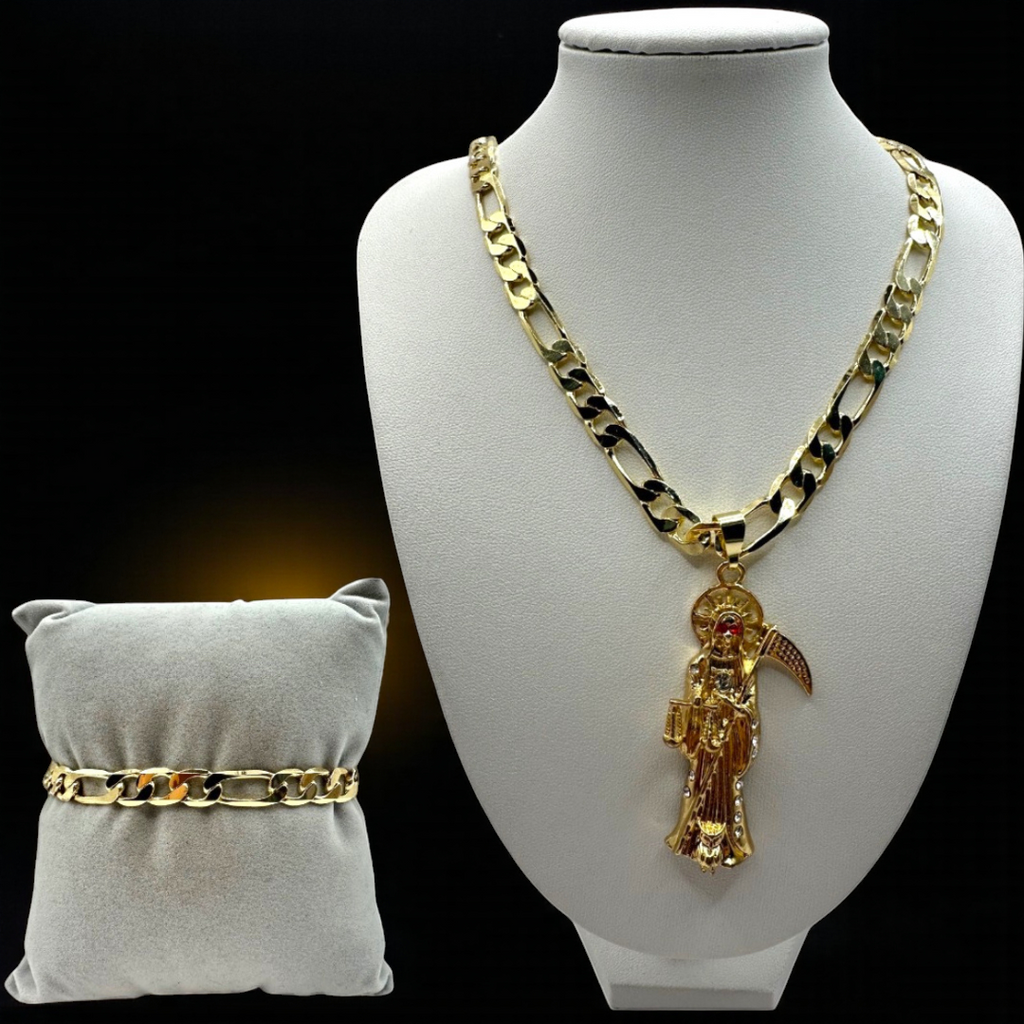 Cadena y esclava Cartier de 8mm con Santa Muerte Dorada en oro laminado de 18K