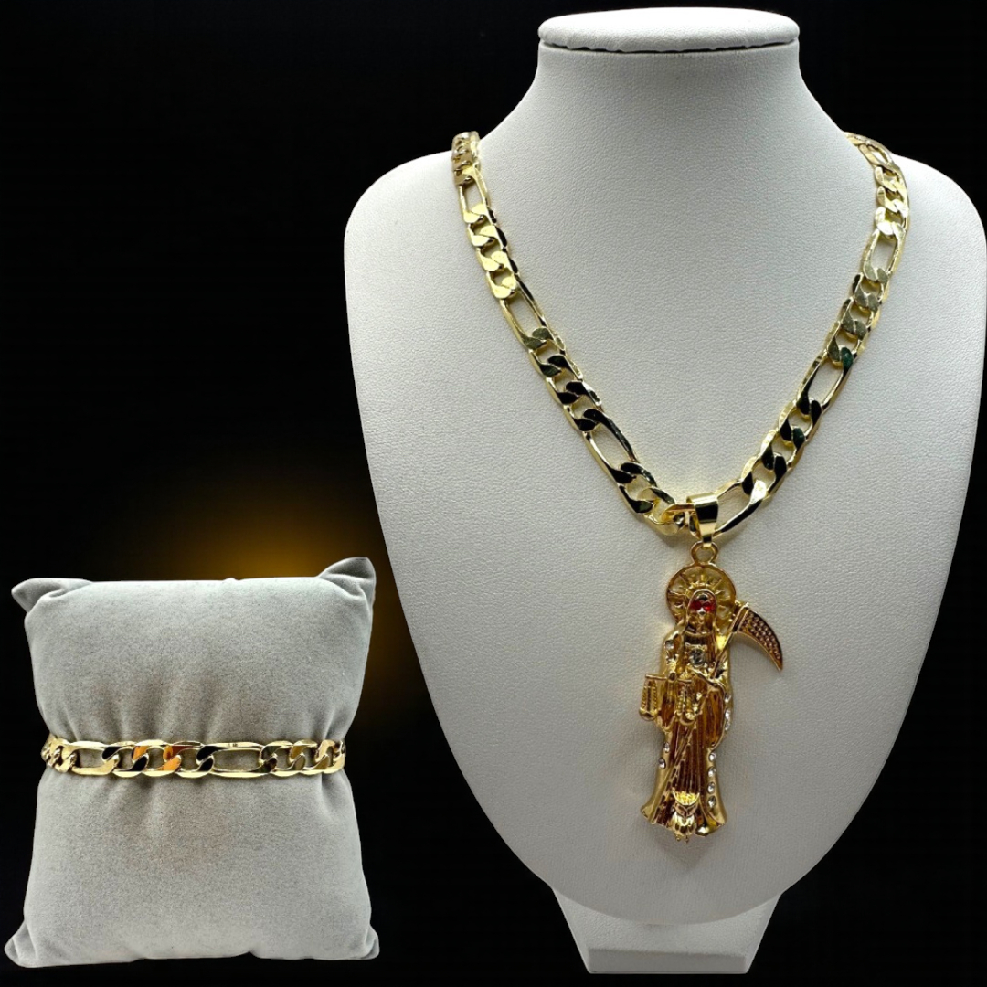 Cadena y esclava Cartier de 8mm con Santa Muerte Dorada en oro laminado de 18K