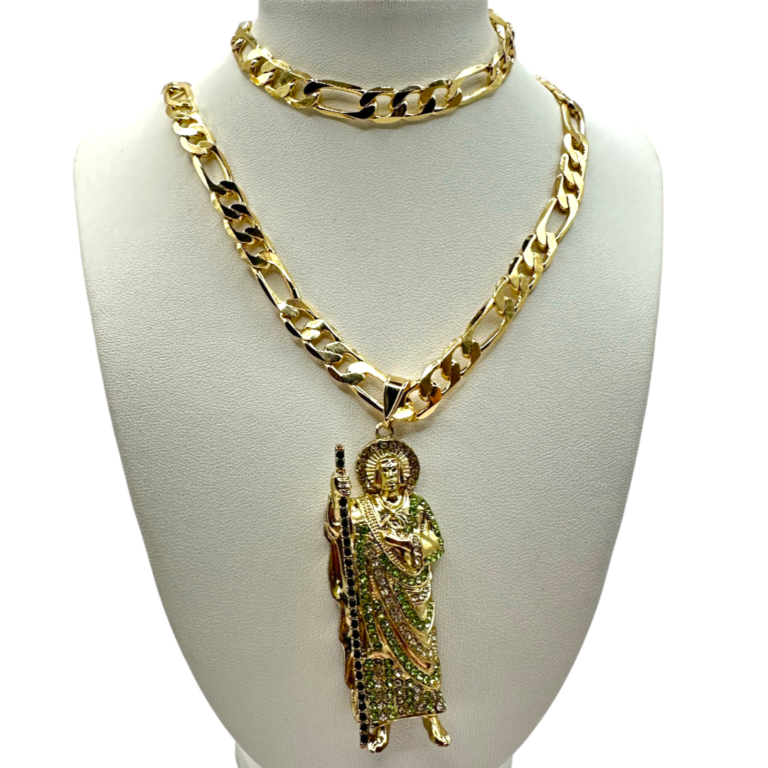 Cadena y esclava Cartier de 8mm con San Judas Verde en oro laminado de 18K