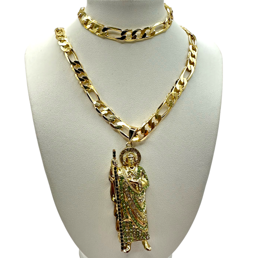 Cadena y esclava Cartier de 8mm con San Judas Verde en oro laminado de 18K