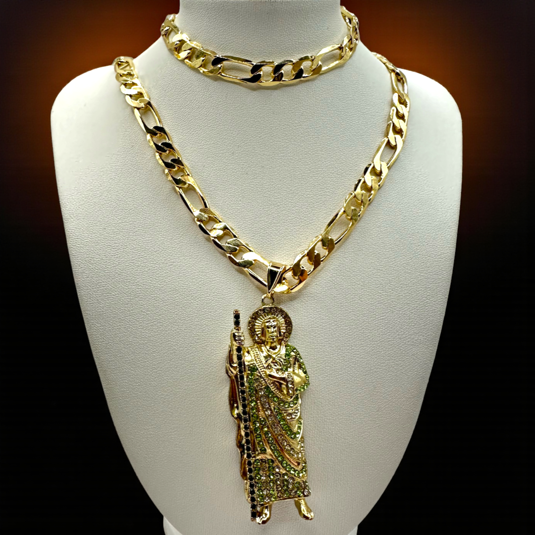 Cadena y esclava Cartier de 8mm con San Judas Verde en oro laminado de 18K