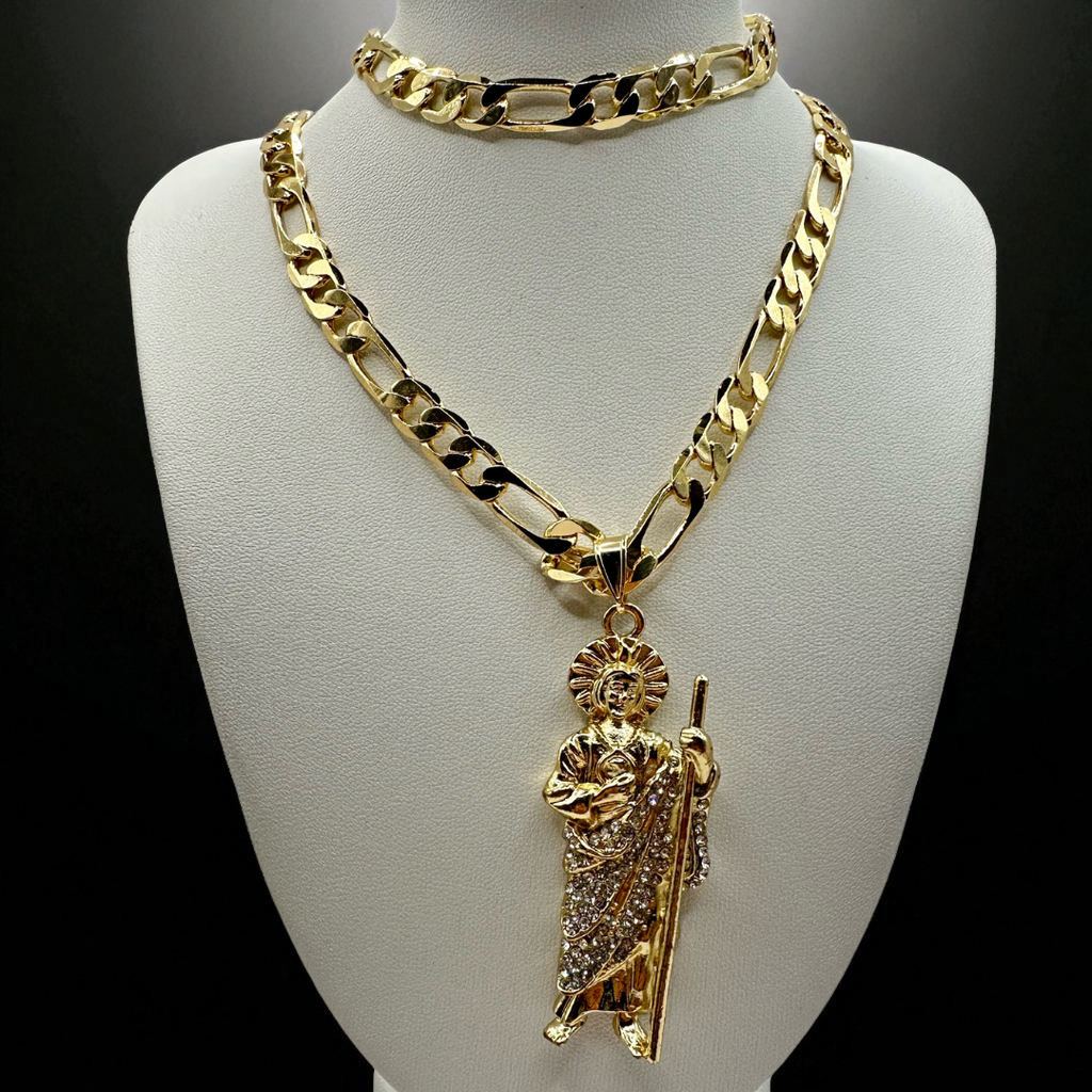 Cadena y esclava Cartier de 8mm con San Judas Blanco en oro laminado de 18K