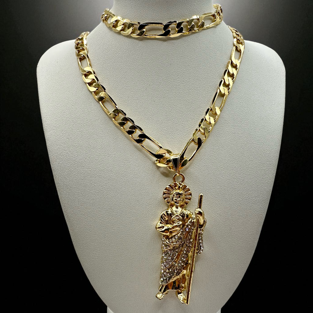 Cadena y esclava Cartier de 8mm con San Judas Blanco en oro laminado de 18K