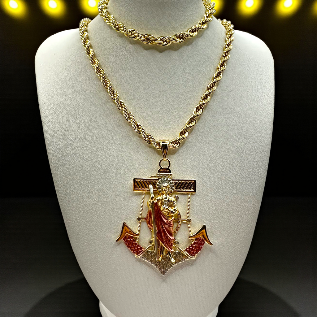 Cadena y esclava Torzal de 5mm  San Judas en Ancla en oro laminado de 18K