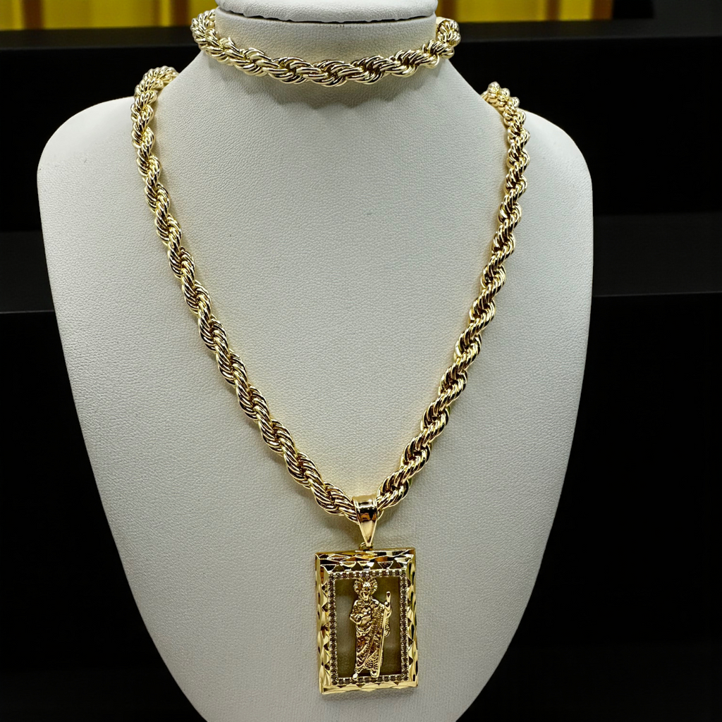 Cadena y esclava Torzal de 5mm con San Judas en oro laminado de 18K