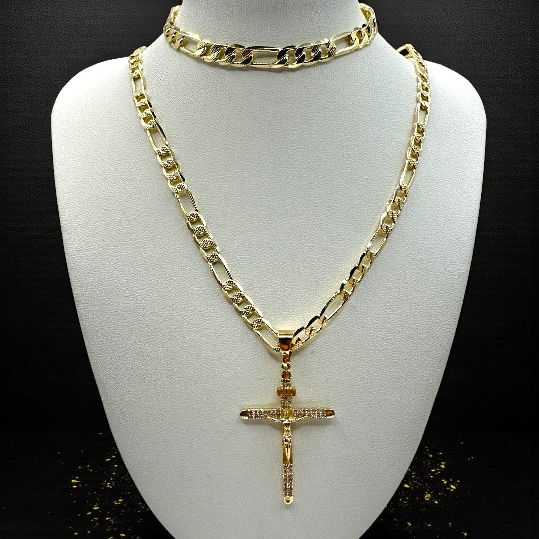 Cadena y esclava Cartier de 5mm con Cristo Diamantado en oro laminado de 18K