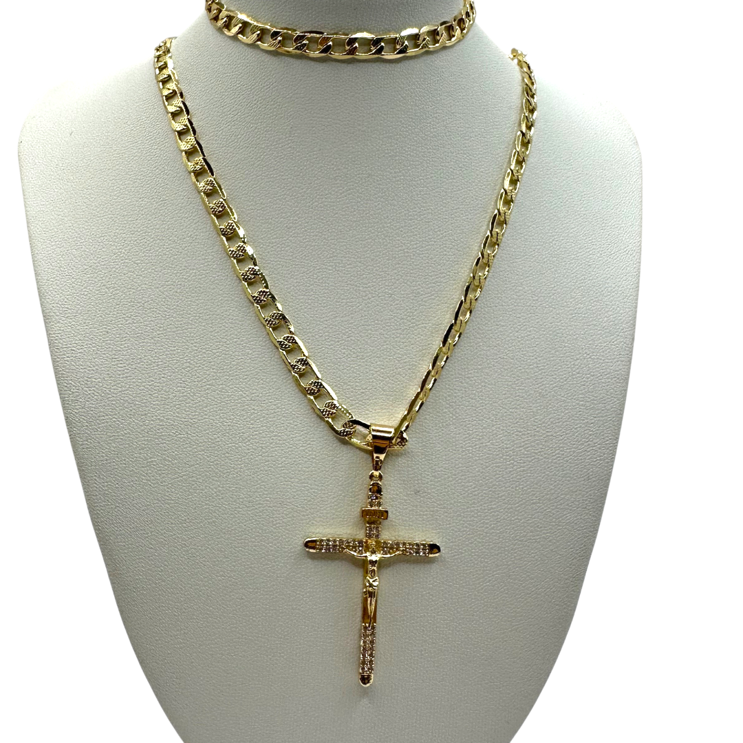 Cadena y esclava Barbada de 5mm con Cristo Diamantado en oro laminado de 18K