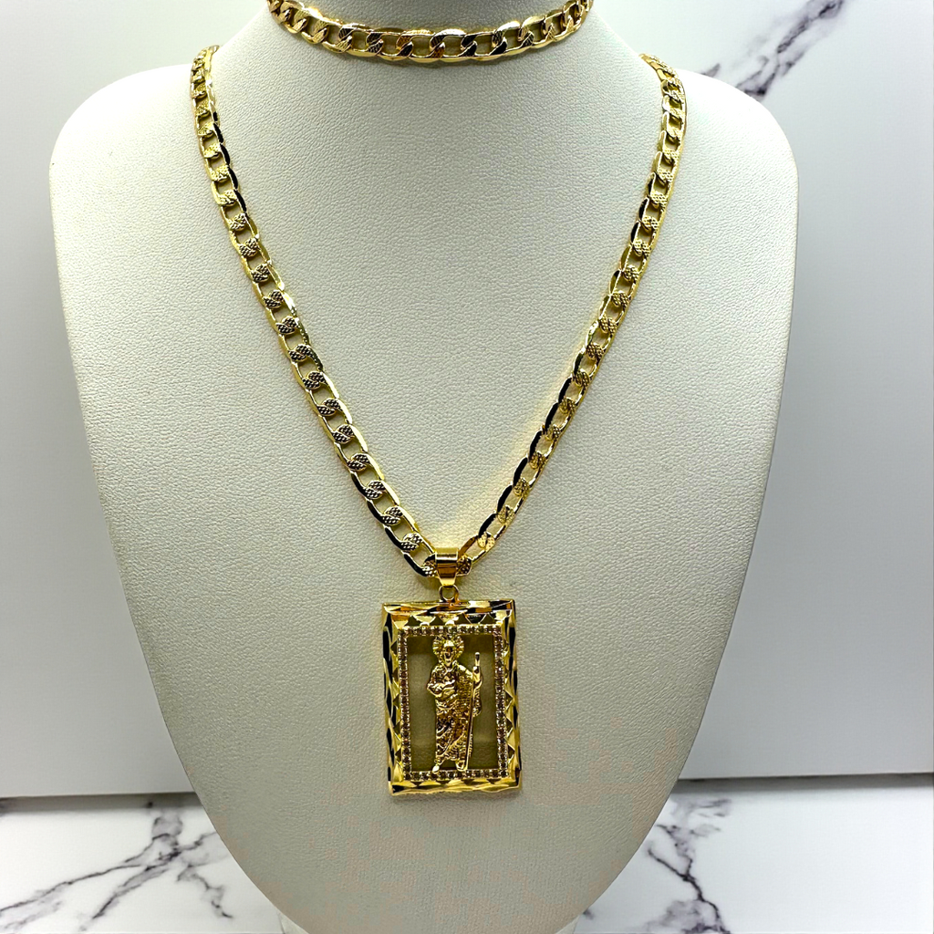 Cadena y esclava Barbada de 5mm con San Judas en oro laminado de 18K