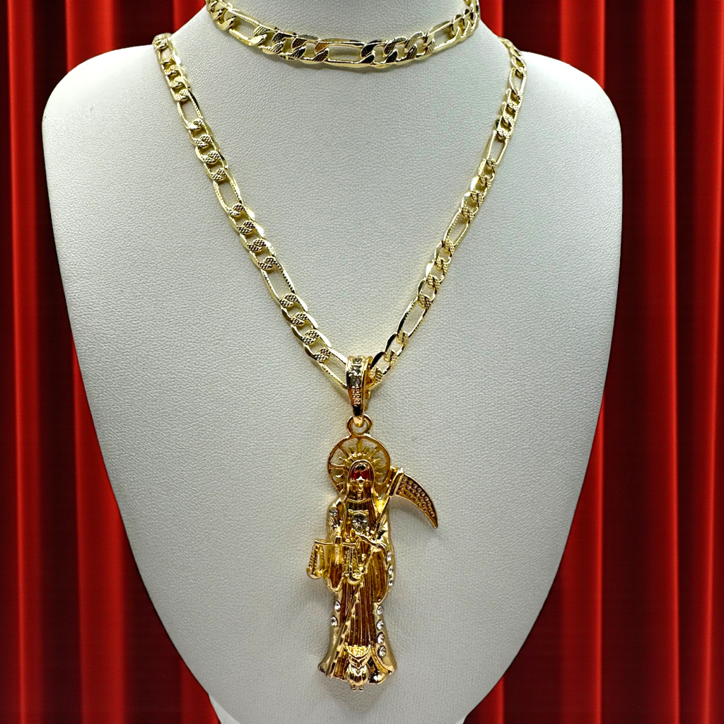 Cadena y esclava Cartier de 5MM con dije de Santa Muerte Dorada en oro laminado de 18K