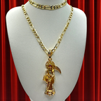 Cadena y esclava Cartier de 5MM con dije de Santa Muerte Dorada en oro laminado de 18K