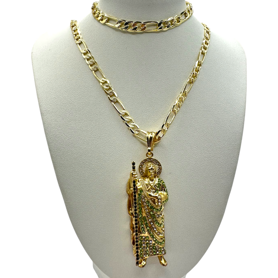 Cadena y esclava Barbada de 5mm con San Judas Verde en oro laminado de 18K