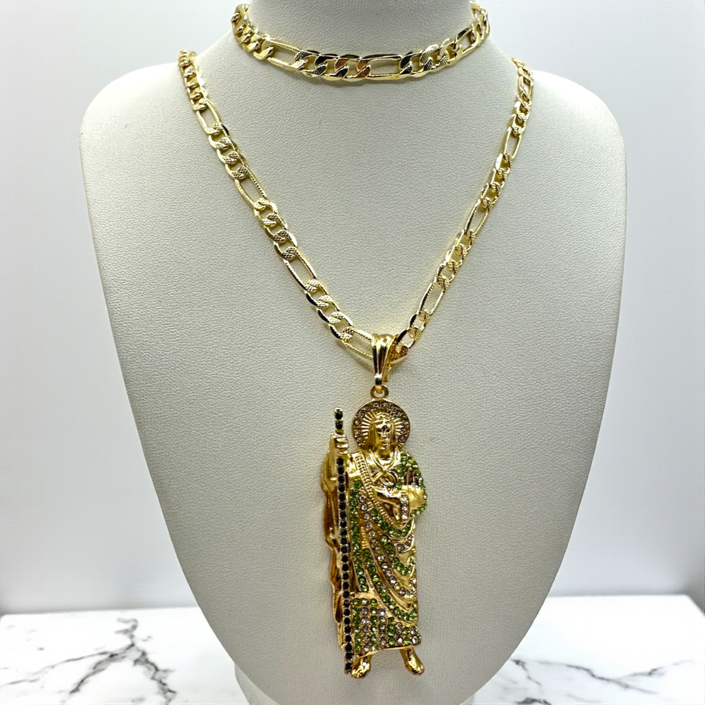 Cadena y esclava Barbada de 5mm con San Judas Verde en oro laminado de 18K