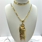 Cadena y esclava Barbada de 5mm con San Judas Verde en oro laminado de 18K