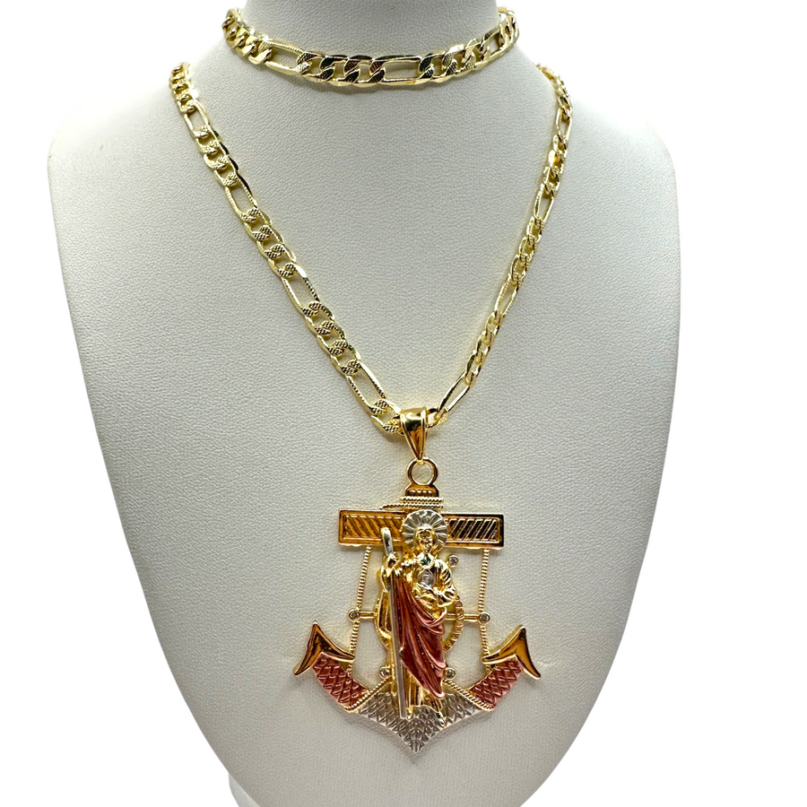 Cadena y esclava Cartier de 5mm con San Judas en Ancla en oro laminado de 18K