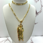 Cadena y esclava Cartier de 5mm con  San Judas Verde en oro laminado de 18K