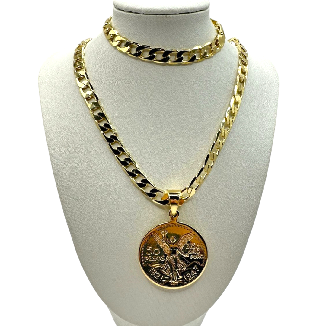 Cadena y Esclava Barbada de 8MM con Centenario en Oro Laminado de 18K