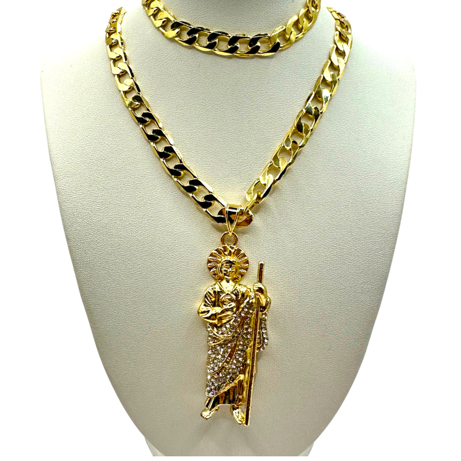 Cadena y esclava Barbada de 8mm con San Judas Blanco en oro laminado de 18K