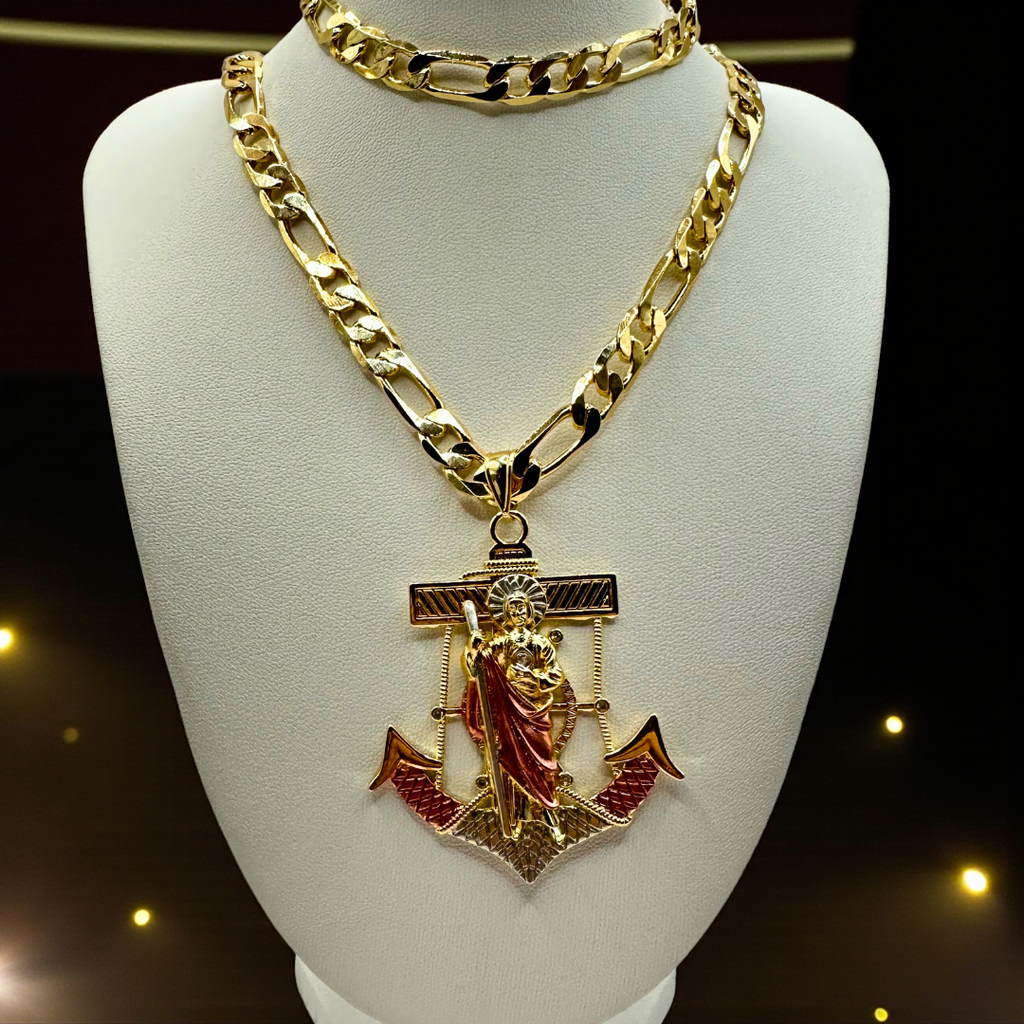 Cadena y esclava Cartier de 8mm con San Judas Ancla en oro laminado de 18K