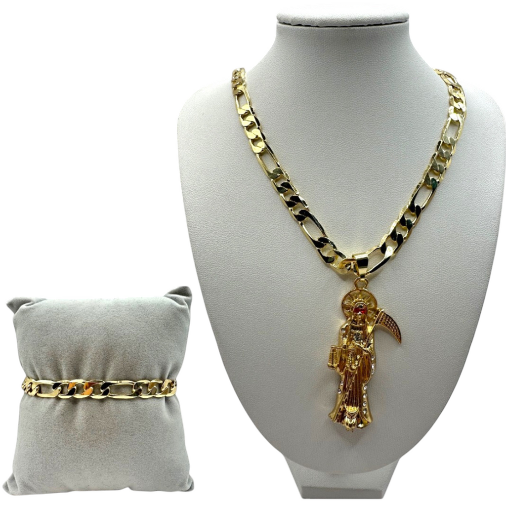 Cadena y esclava Cartier de 8mm con Santa Muerte Dorada en oro laminado de 18K