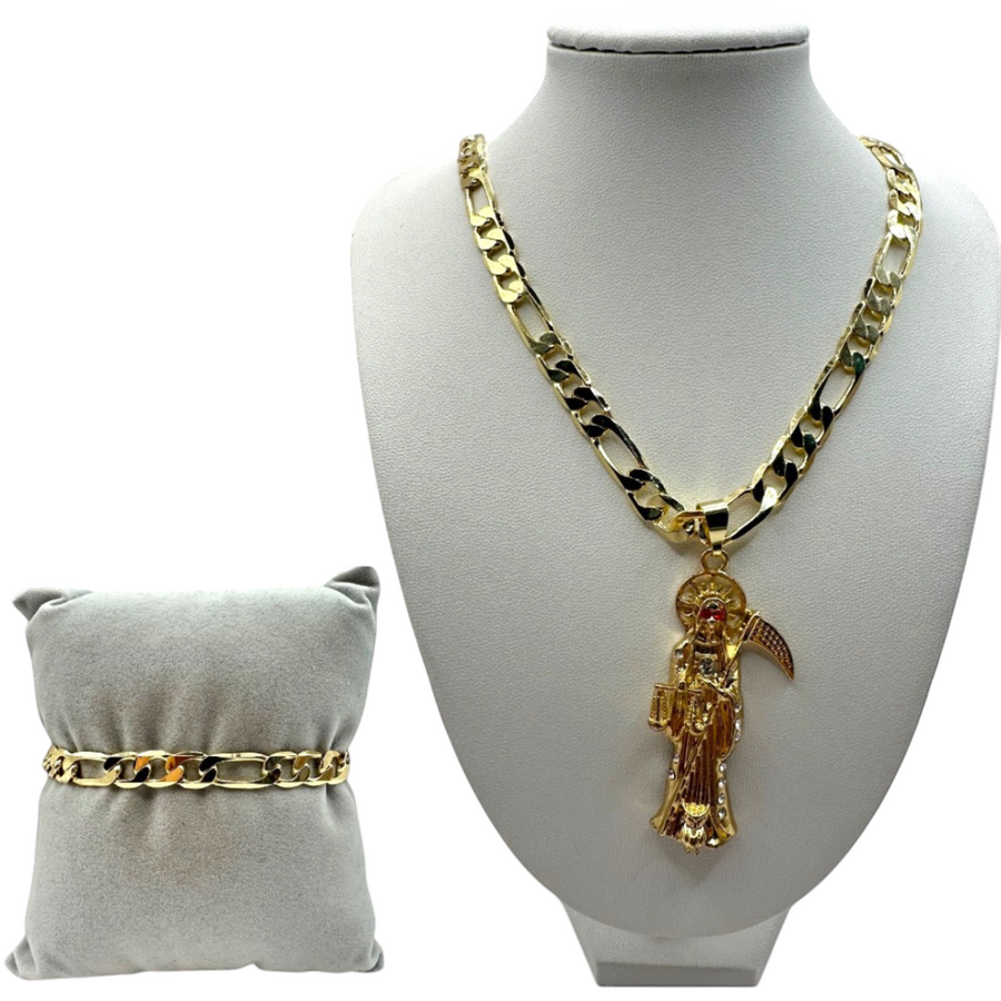 Cadena y esclava Cartier de 8mm con Santa Muerte Dorada en oro laminado de 18K