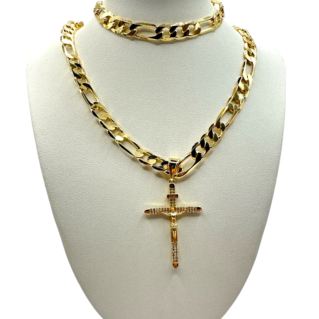 Cadena y esclava Cartier de 8mm con Cristo Diamantado en oro laminado de 18K