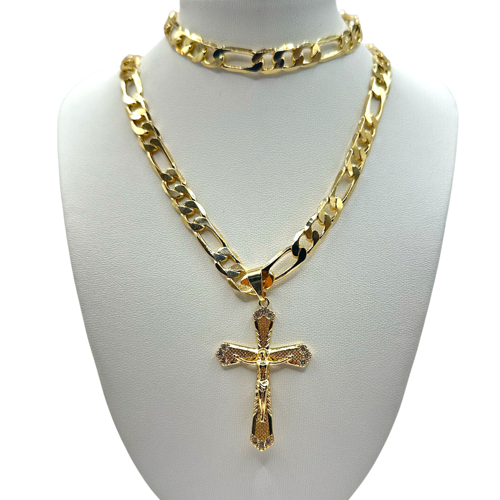 Cadena y esclava Cartier de 8mm con Cristo  en oro laminado de 18K