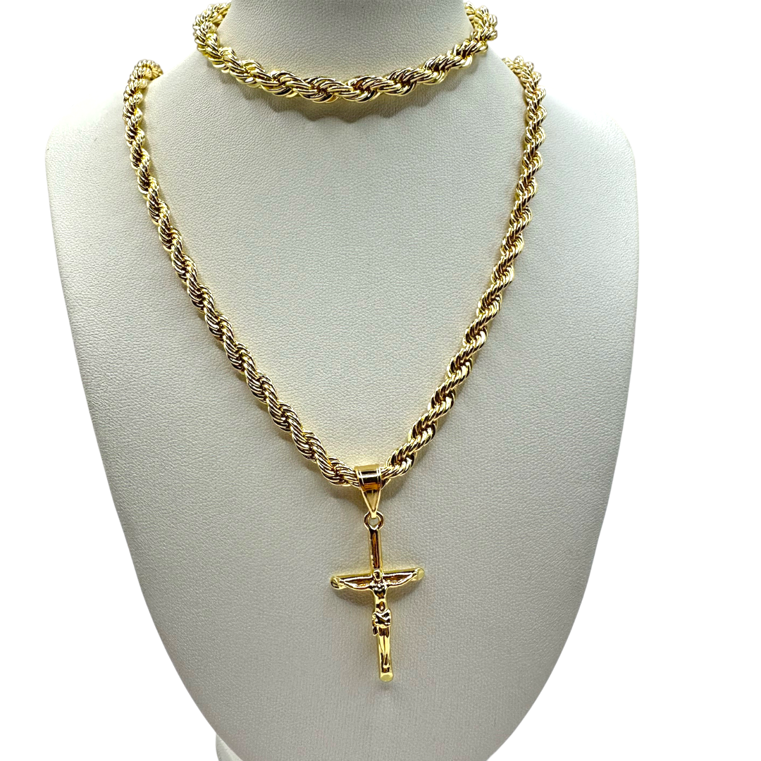 Cadena y esclava Torzal de 5mm con Cristo en oro laminado de 18K