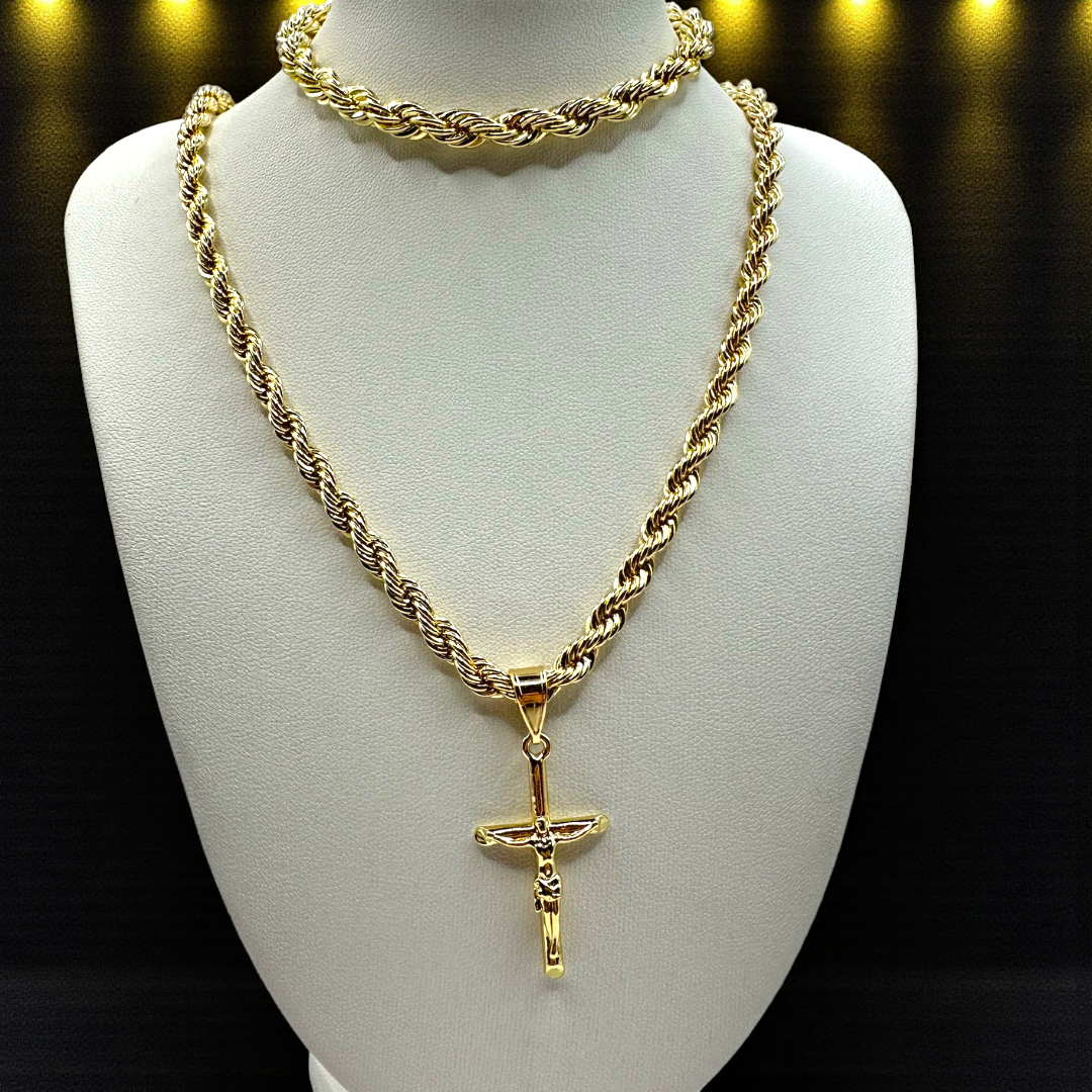 Cadena y esclava Torzal de 5mm con Cristo en oro laminado de 18K