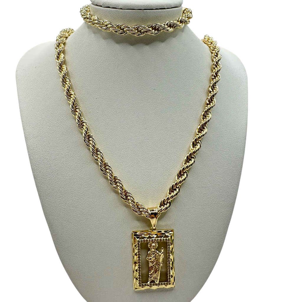 Cadena y esclava Torzal de 5mm con San Judas en oro laminado de 18K