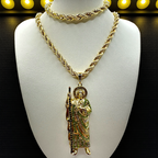 Cadena y esclava Torzal de 5mm con San Judas Verde en oro laminado de 18K