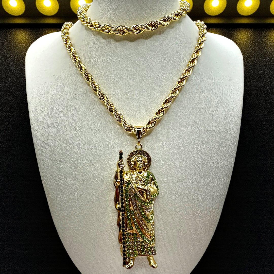 Cadena y esclava Torzal de 5mm con San Judas Verde en oro laminado de 18K