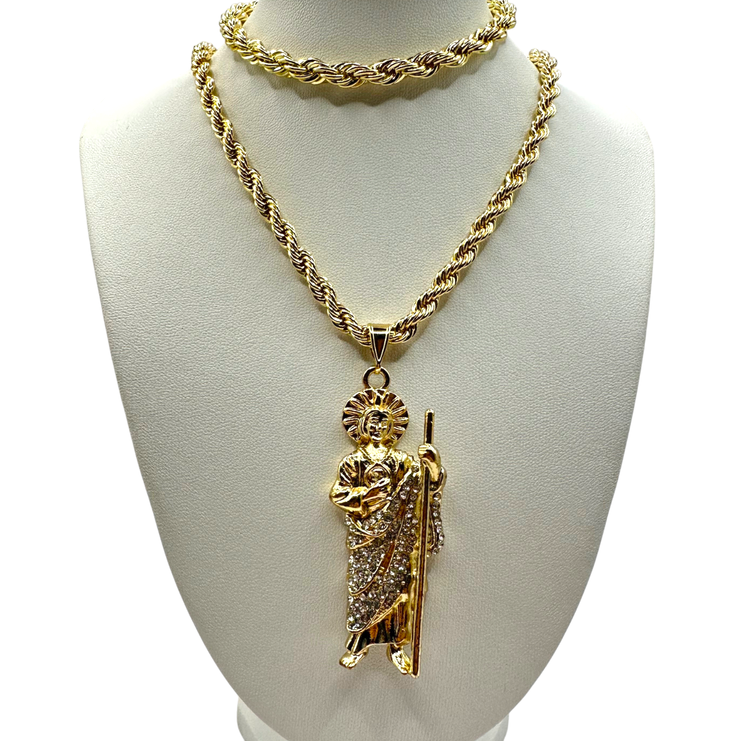 Cadena y esclava Torzal de 5mm con San Judas Blanco en oro laminado de 18K