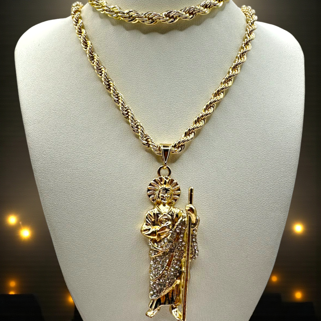 Cadena y esclava Torzal de 5mm con San Judas Blanco en oro laminado de 18K