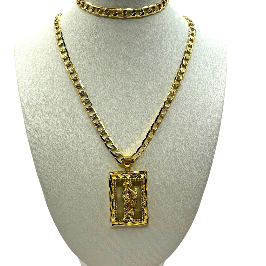 Cadena y esclava Barbada de 5mm con San Judas en oro laminado de 18K