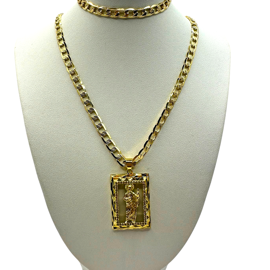 Cadena y esclava Barbada de 5mm con San Judas en oro laminado de 18K