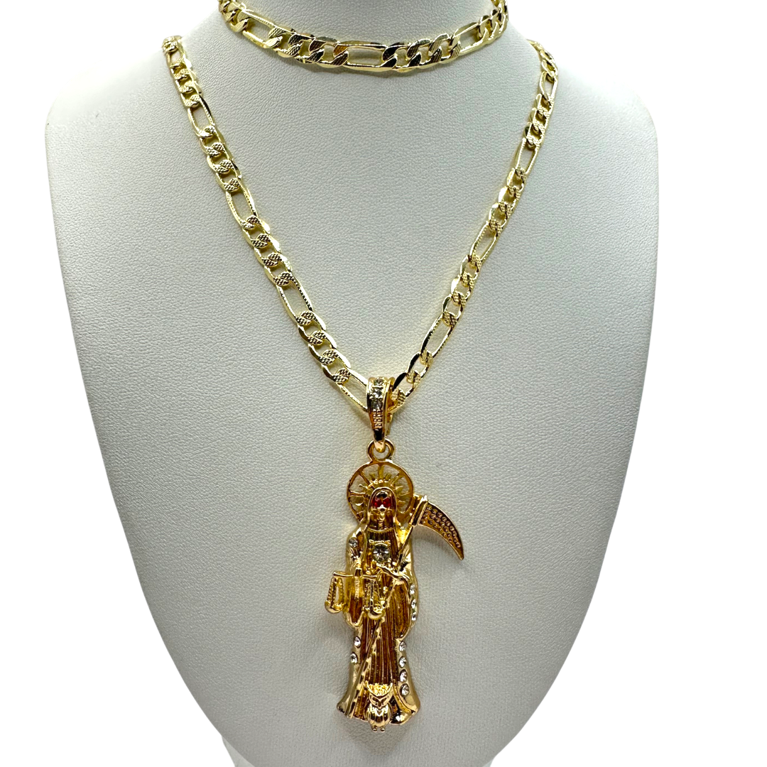 Cadena y esclava Cartier de 5MM con dije de Santa Muerte Dorada en oro laminado de 18K