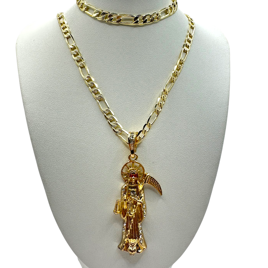 Cadena y esclava Cartier de 5MM con dije de Santa Muerte Dorada en oro laminado de 18K