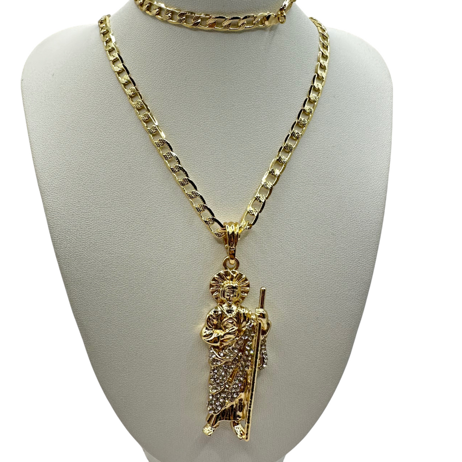 Cadena y esclava Barbada de 5mm con  San Judas Blanco en oro laminado de 18K
