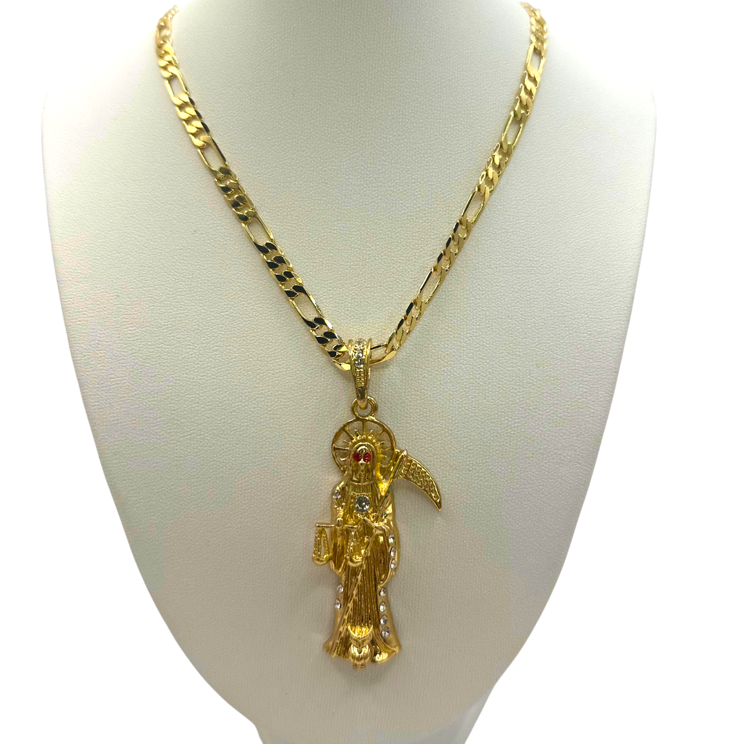 Cadena Cartier 5mm Con Santa Muerte Dorada en Oro Laminado de 18K