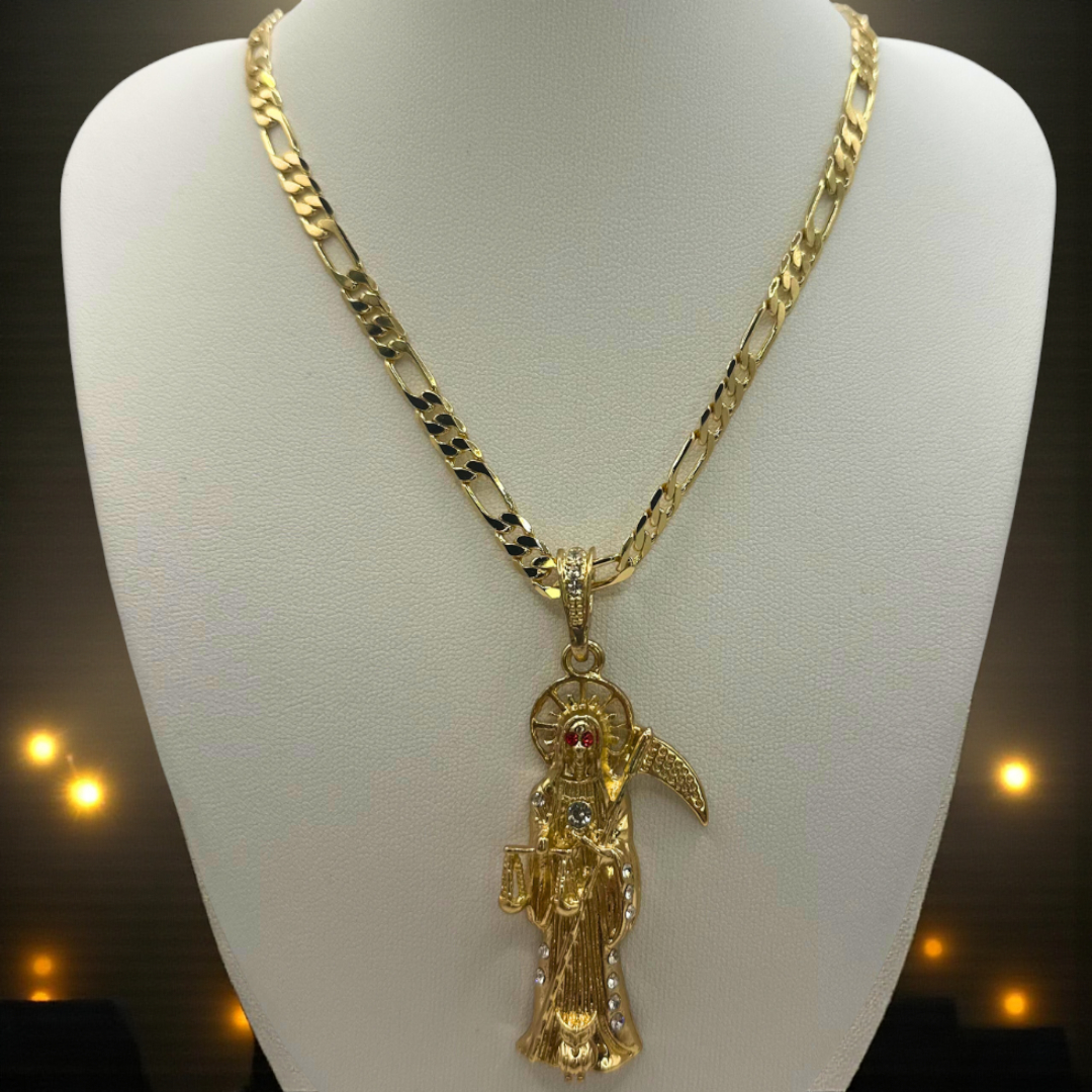 Cadena Cartier 5mm Con Santa Muerte Dorada en Oro Laminado de 18K