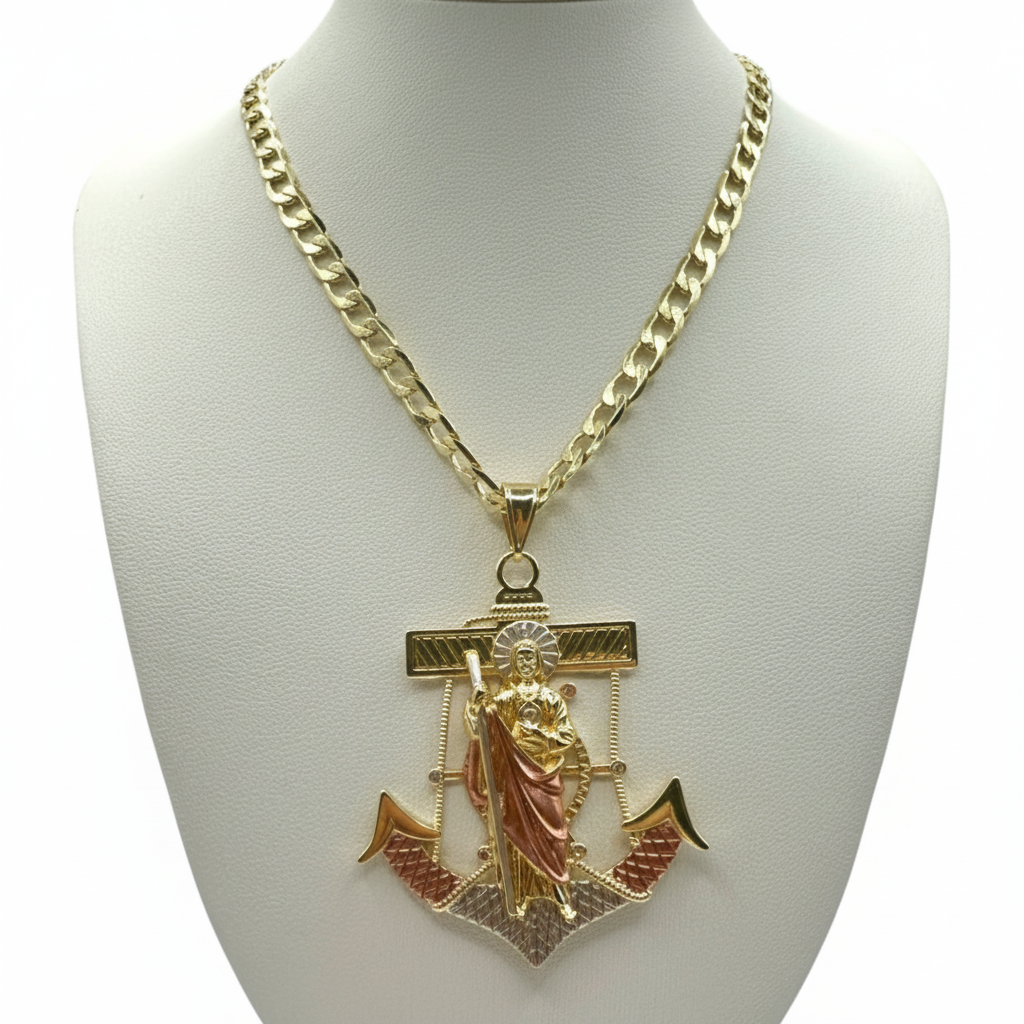 Cadena Barbada 5mm Con San Judas Ancla en Oro Laminado de 18K