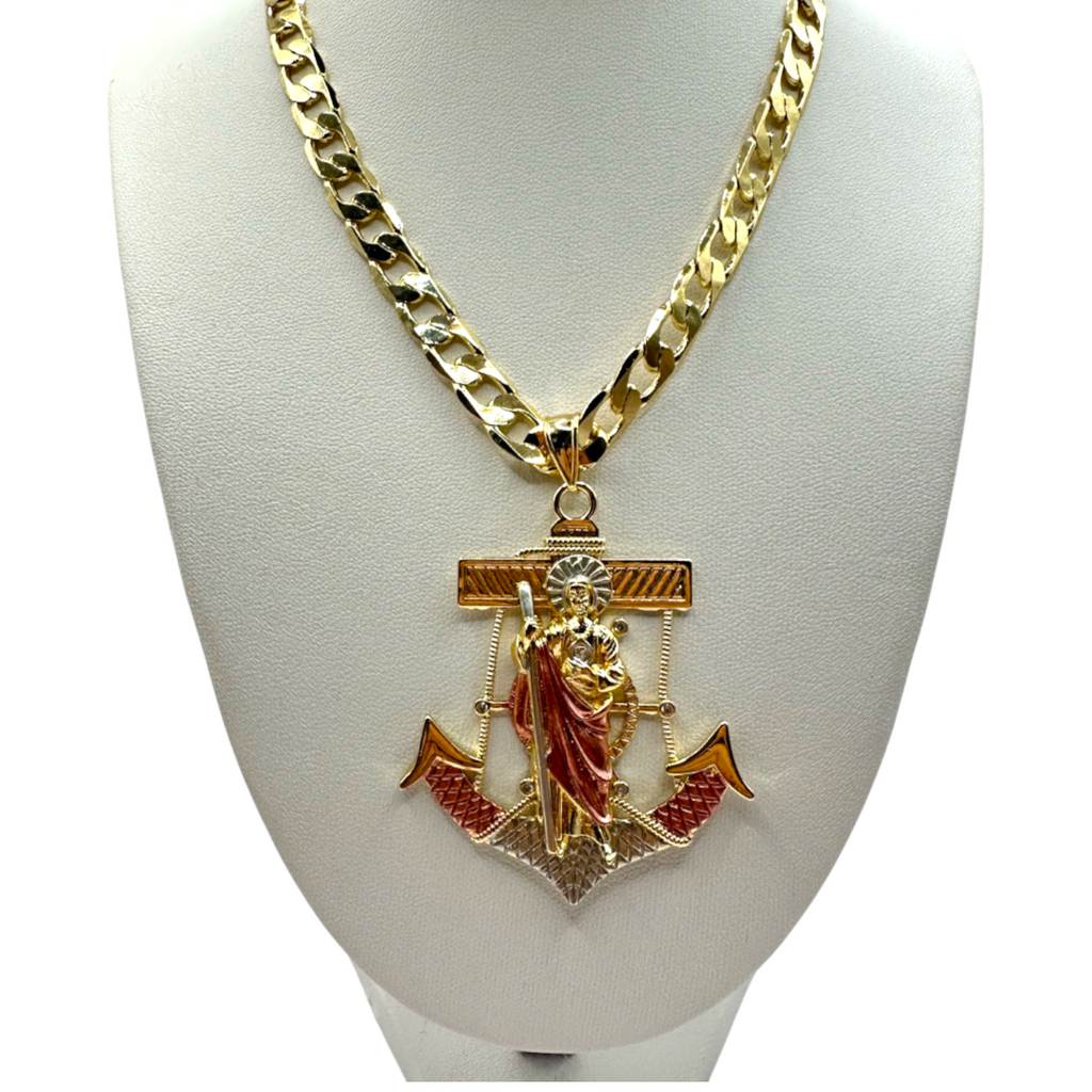Cadena Barbada 8mm Con San Judas Ancla en Oro Laminado de 18K