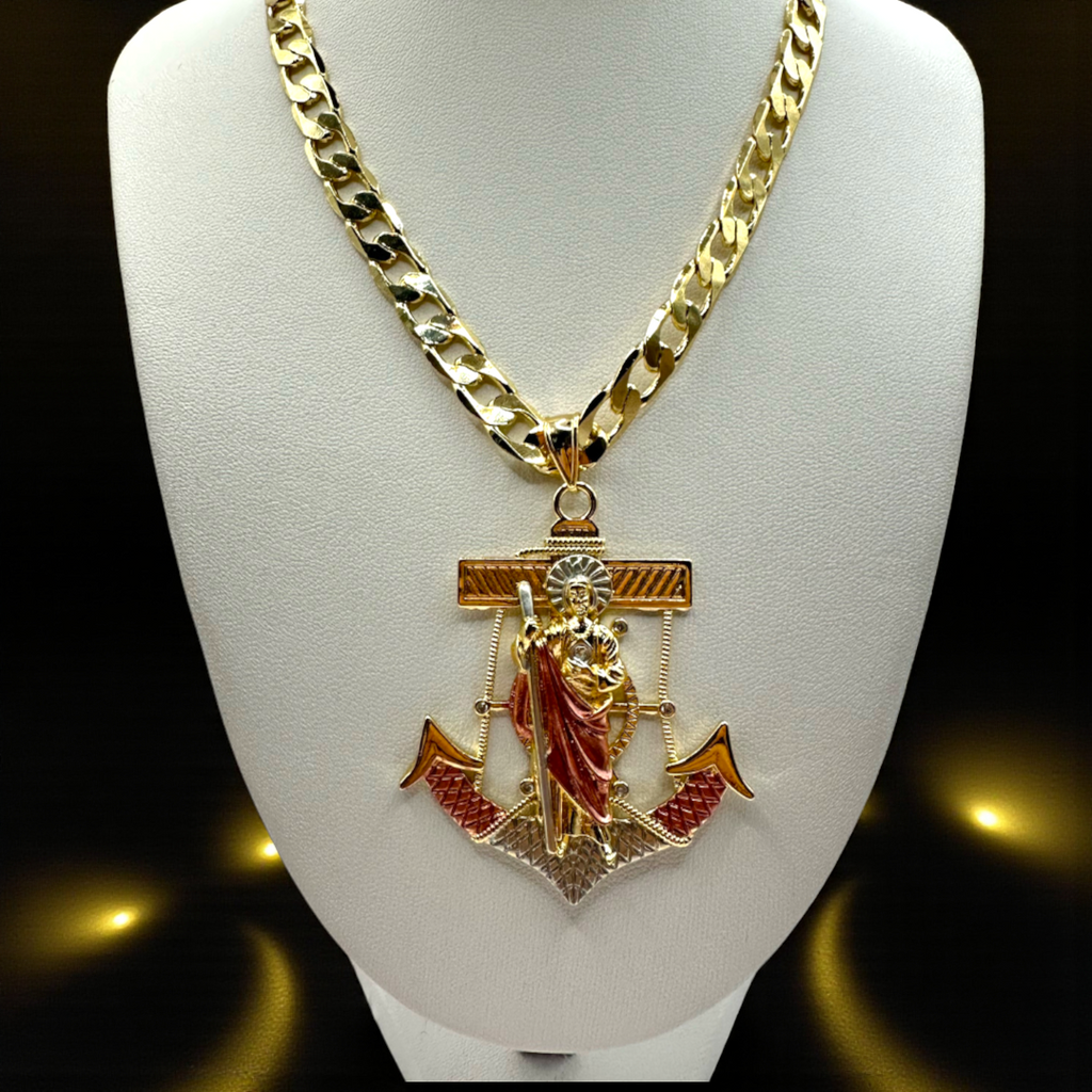Cadena Barbada 8mm Con San Judas Ancla en Oro Laminado de 18K