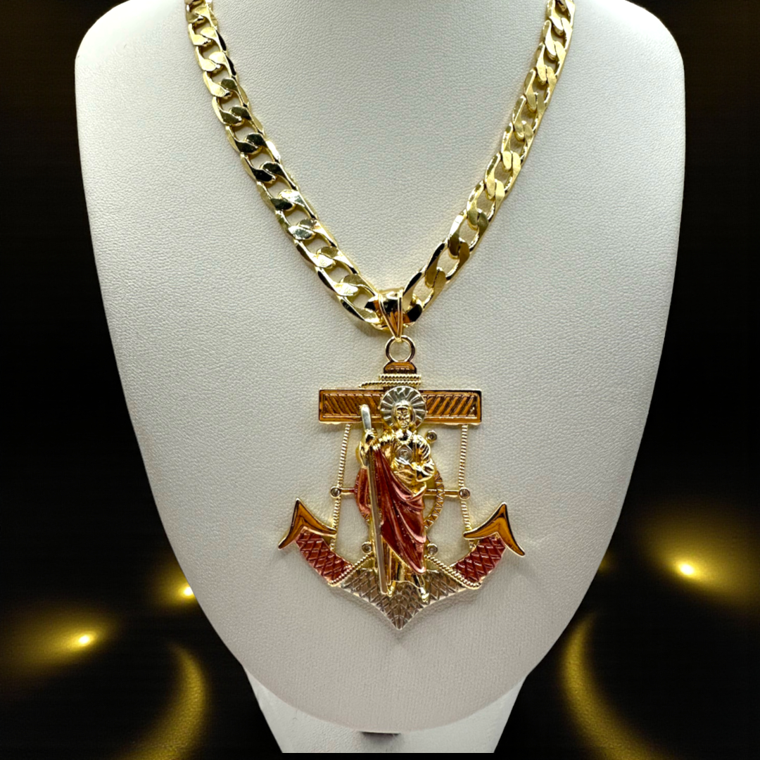 Cadena Barbada 8mm Con San Judas Ancla en Oro Laminado de 18K