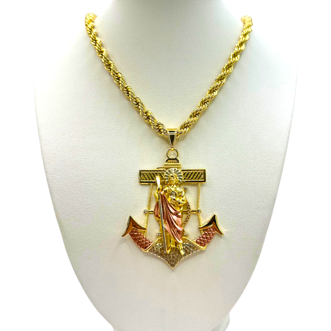 Cadena Torzal 5mm Con San Judas Ancla en Oro Laminado de 18K
